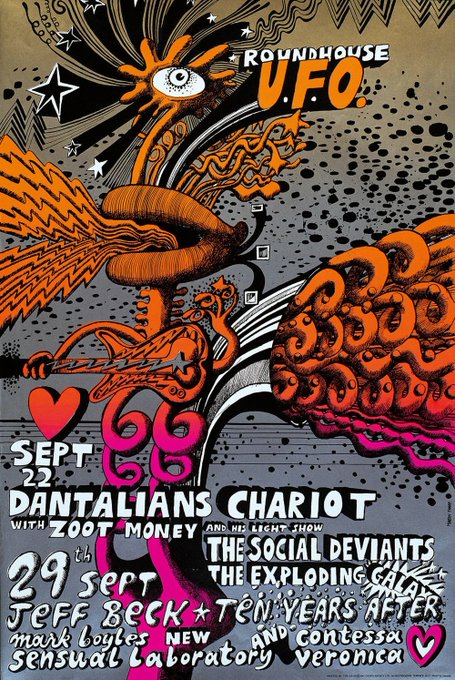 Roundhouse UFO (London): September 22 & 29, 1967. Bands: Dantalians Chariot, The (Social) Deviants, The Exploding Galaxy, Jeff Beck, Ten Years After.
