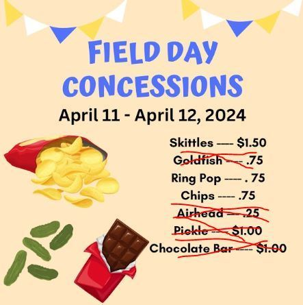 CenterElemTiger's tweet photo. Field Day Concessions will be on sale again this Friday. We have Ring Pops ($.75), Chips ($.75), and Skittles ($1.50) left. Bring money on Friday if you want to purchase any remaining items. https://t.co/TI1aQJw2Nt