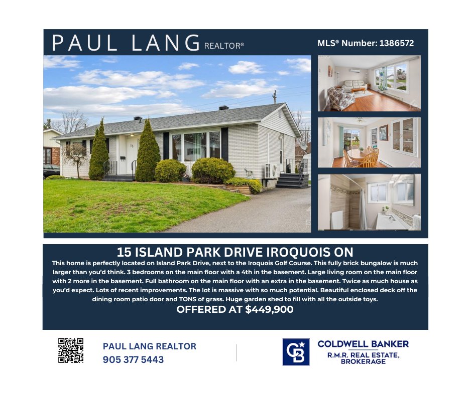 LangListings's tweet image. Located on Island Park Drive next to Iroquois Golf Course.
Fully brick bungalow with 3 bedrooms on main floor and 4th in basement.
$449,900
15 ISLAND PARK DRIVE
Iroquois, Ontario K0E1K0
MLS® #1386572
#greatstarterhome #bigbackyard #iroquoishomeforsale #familyhome #paullangcbrmr
