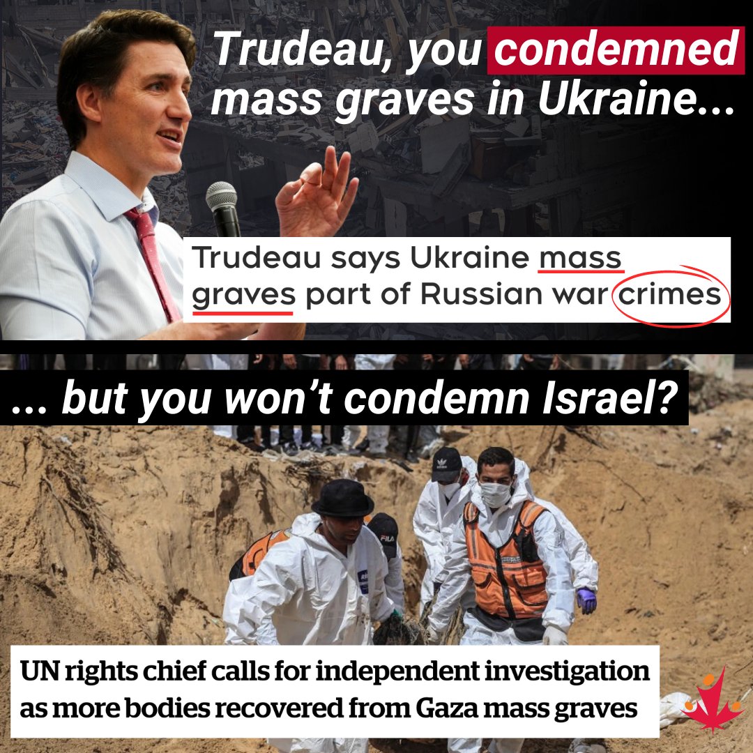 Nearly 400 bodies have been recovered from mass graves at Gaza hospitals following the withdrawal of Israeli forces. The bodies include children, with evidence of mass executions and torture. @JustinTrudeau condemned Russia for mass graves in Ukraine, but won't say a word now.