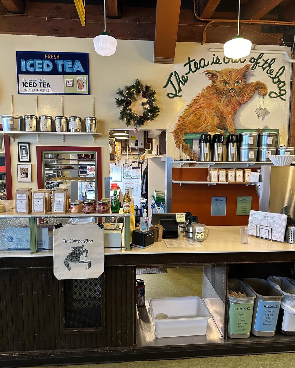 pike_place's tweet photo. New Market-themed tote bag! The Crumpet Shop has a new tote bag featuring their iconic mural of a cat with a broken tea bag. 😻 Next time you’re in the 1st Avenue shop, come grab your tote bag and a package of crumpets.

#PikePlaceMarket https://t.co/mlWQniXKTd