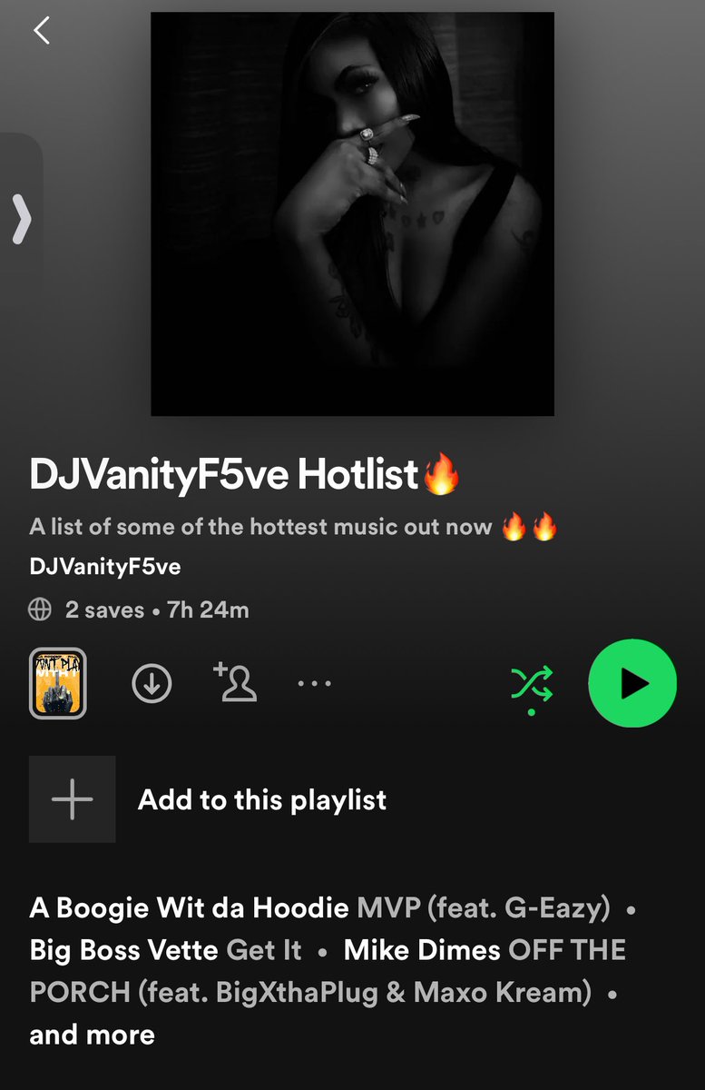 Check out my @Spotify hotlist 🤩🔥🔥 would love to add #indieartist to this lists …send me your music via Dm or email at vanityfve@gmail.com Need more indie artists for my dj playlists 🤩🔥🔥🎼

#djvanityfve #dj #independentartists #indieartists #x #explore #newmusic