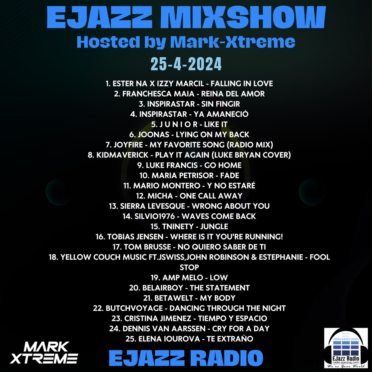 #EjazzMixShow Mon-Friday 1-2pm EAT on Ejazz Radio hosted by Dj Mark-Xtreme

25-4-2024 Playlist

#MixShow #Newmusic #goodmusic #Radio #Indieartists #indiemusic