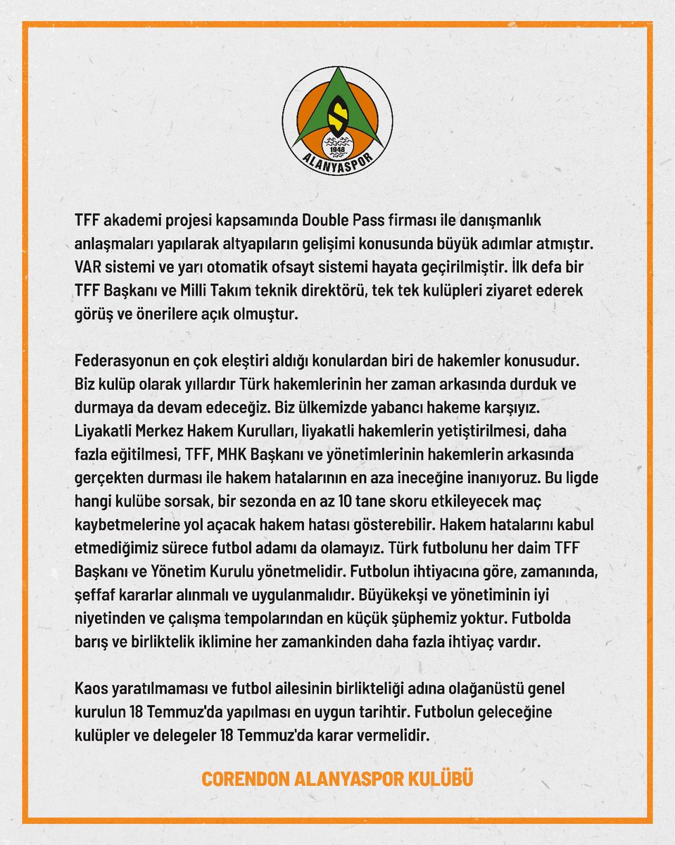 🚨 Alanyaspor'dan açıklama ⤵️ 'Avrupa Şampiyonası'na katılmamızda büyük emekleri olan TFF Başkanı Sayın Mehmet Büyükekşi ve yönetim kurulunun bizleri Almanya'da milli takımla birlikte temsil etmeleri en doğal haklarıdır. Biz kulüp olarak yıllardır Türk hakemlerinin her zaman