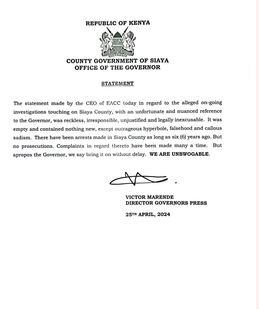 Response to the reckless, irresponsible, unjustified and legally inexcusable statement by the CEO of EACC in regard to the alleged on-going investigations touching on Siaya.