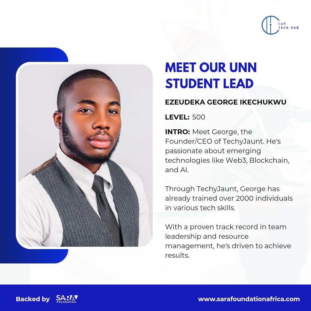 🌟 Introducing Our New Student Lead at Sara Foundation Africa! 🌟

#SaraFoundationAfrica #StudentLead #TechyJaunt #TechnologyEducation #AfricanInnovation #WelcomeGeorge Naira Nigeria Tech