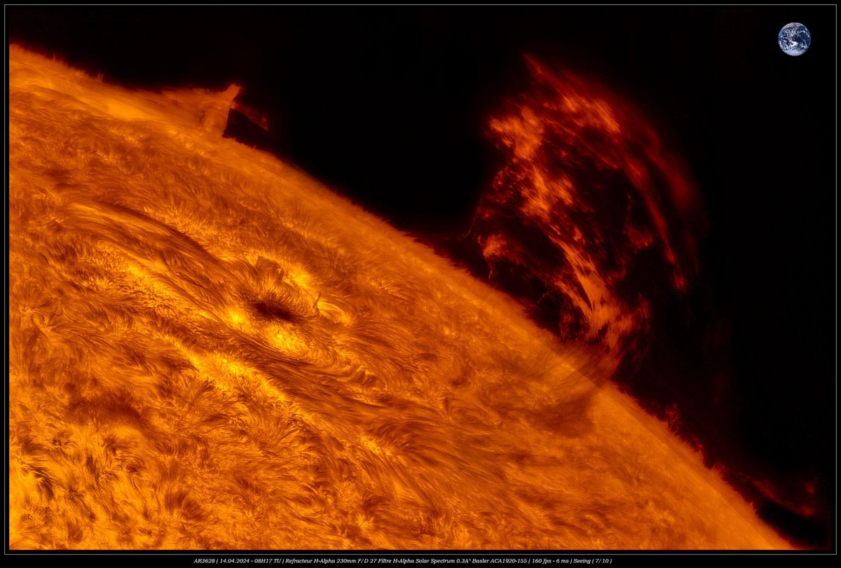 Uma explosão solar feita por um astrônomo amador. 
Para ver o tamanho da erupção, olhe para a Terra ao lado dela! 

Imagem do dia do AstroBin: 

'AR3628 e bailes (14.04.2024)' por jp-brahic

astrobin.com/kbvtcb/?utm_so…

#astrofotografia #astronomia #astrobin #imageoftheday