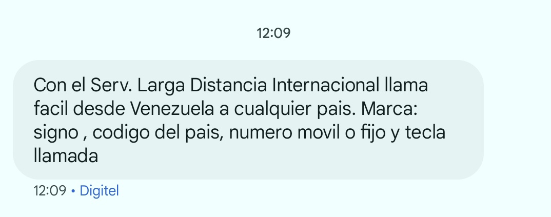 Digitel me envió este MSN 🤗
Se puede volver hacer llamadas internacionales desde Venezuela 
Excelente 😎😎😎
#jjk258 
#Binance 
#NFLDraft 
#dotolcit 
#dotolcito 
#25deabrilsempre 
Corea del Norte 
#CasoPantalla