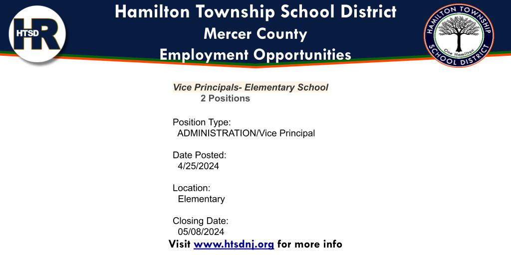 Online Employment Application | Open Positions: Vice Principals- Elementary School- 2 positions applitrack.com/hamilton/onlin…