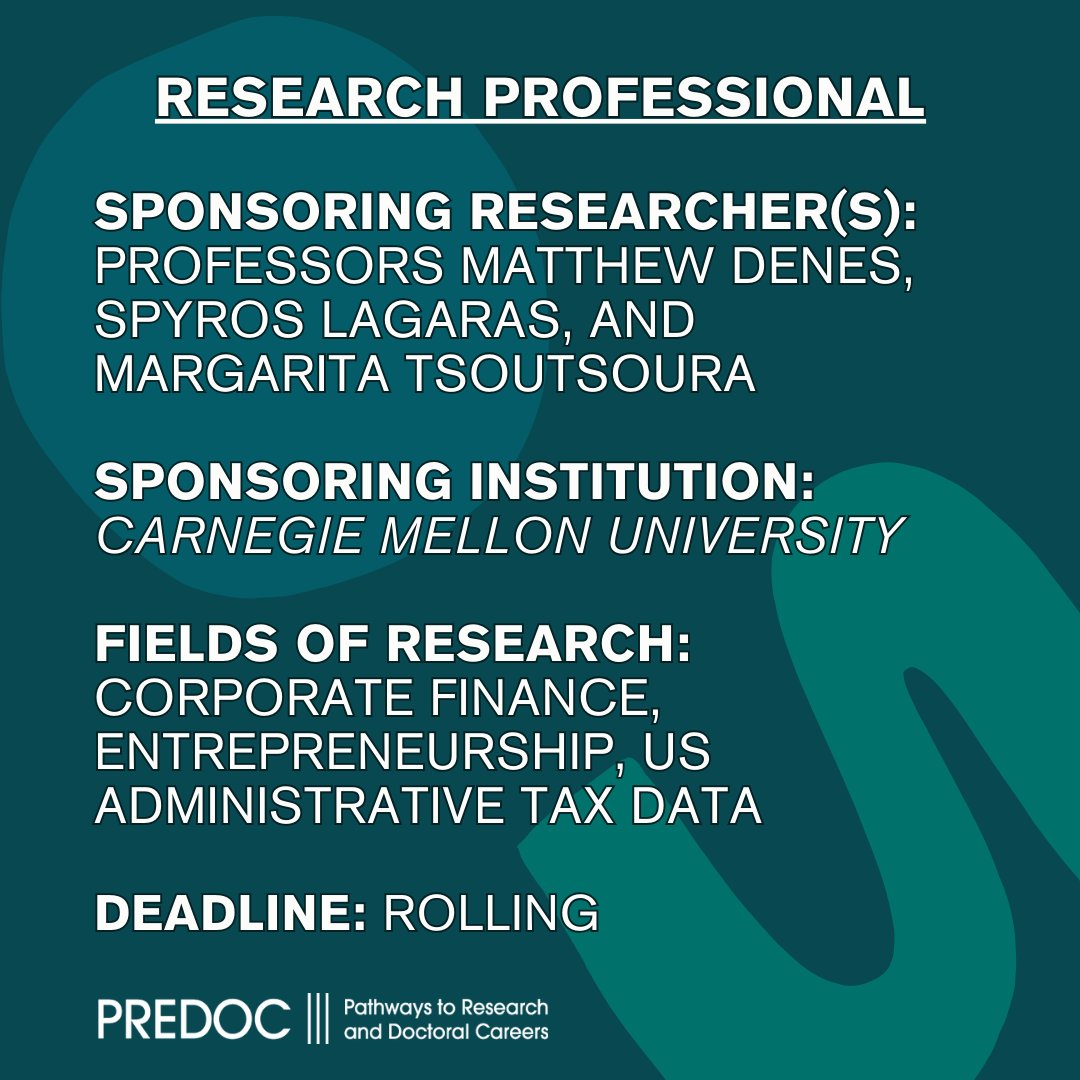 Predoc opening @CarnegieMellon! This position is ideal for those who plan to apply for a Ph.D. in finance, economics or related fields. You will work with Carnegie Mellon Prof. Denes, @PittTweet Prof. Spyros, and @WUSTLbusiness Prof. Tsoutsoura. Apply: bit.ly/3JwgmwF