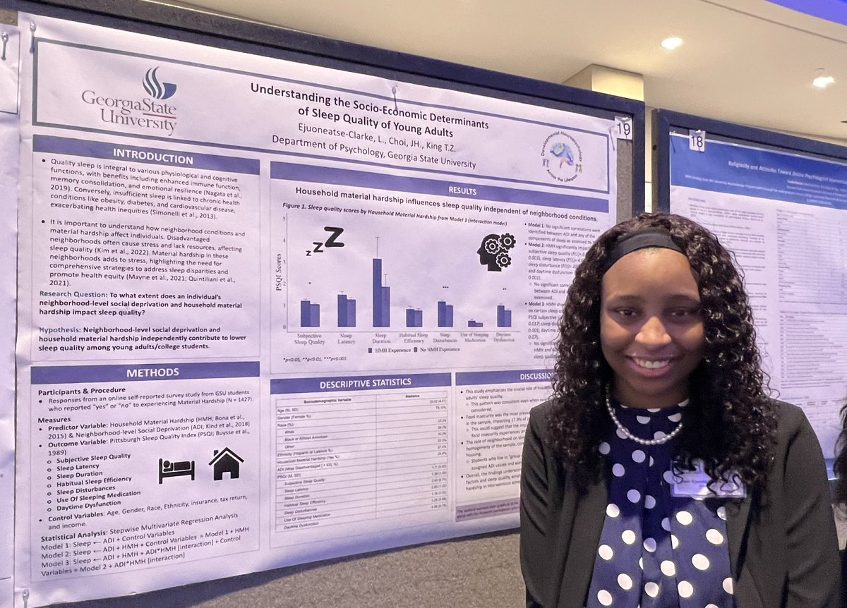 Congratulations to Sedi Ejuoneatse-Clarke for winning an Identity and Belonging specialty award at GSURC, for her work on 'Understanding the Socio-Economic Determinants of Sleep Quality of Young Adults'. We're so proud of you Sedi! @GSUPsychology @GSU_Research #neuropsychology