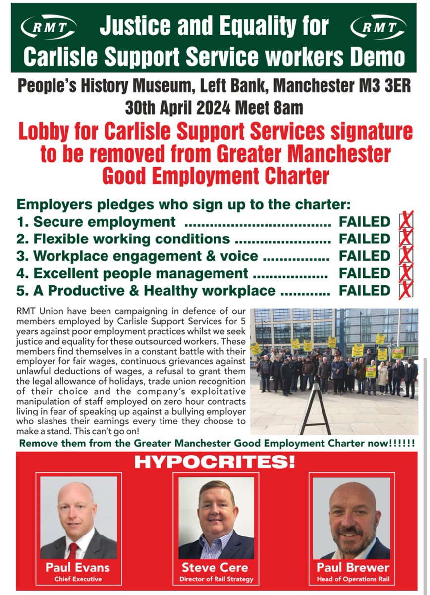 Justice & Equality Demo for Carlisle Support Services Northern Gateline contract members    Tuesday 30th April,  Meet outside Starbucks Manchester Victoria Station 07.30hrs Demo 0800hrs- 09.30hrs  @rmtmansouth @RMTunion