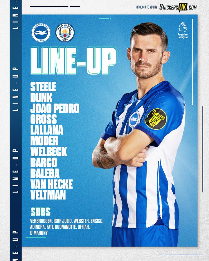 Albion v Man City team graphic featuring Pascal Gross in our home kit with his arms folded: Steele, Dunk, Joao Pedro, Gross, Lallana, Moder, Welbeck, Barco, Baleba, van Hecke, Veltman. Subs: Verbruggen, Igor Julio, Webster, Enciso, Adingra, Fati, Buonanotte, Offiah, O'Mahony. Come on Albion!