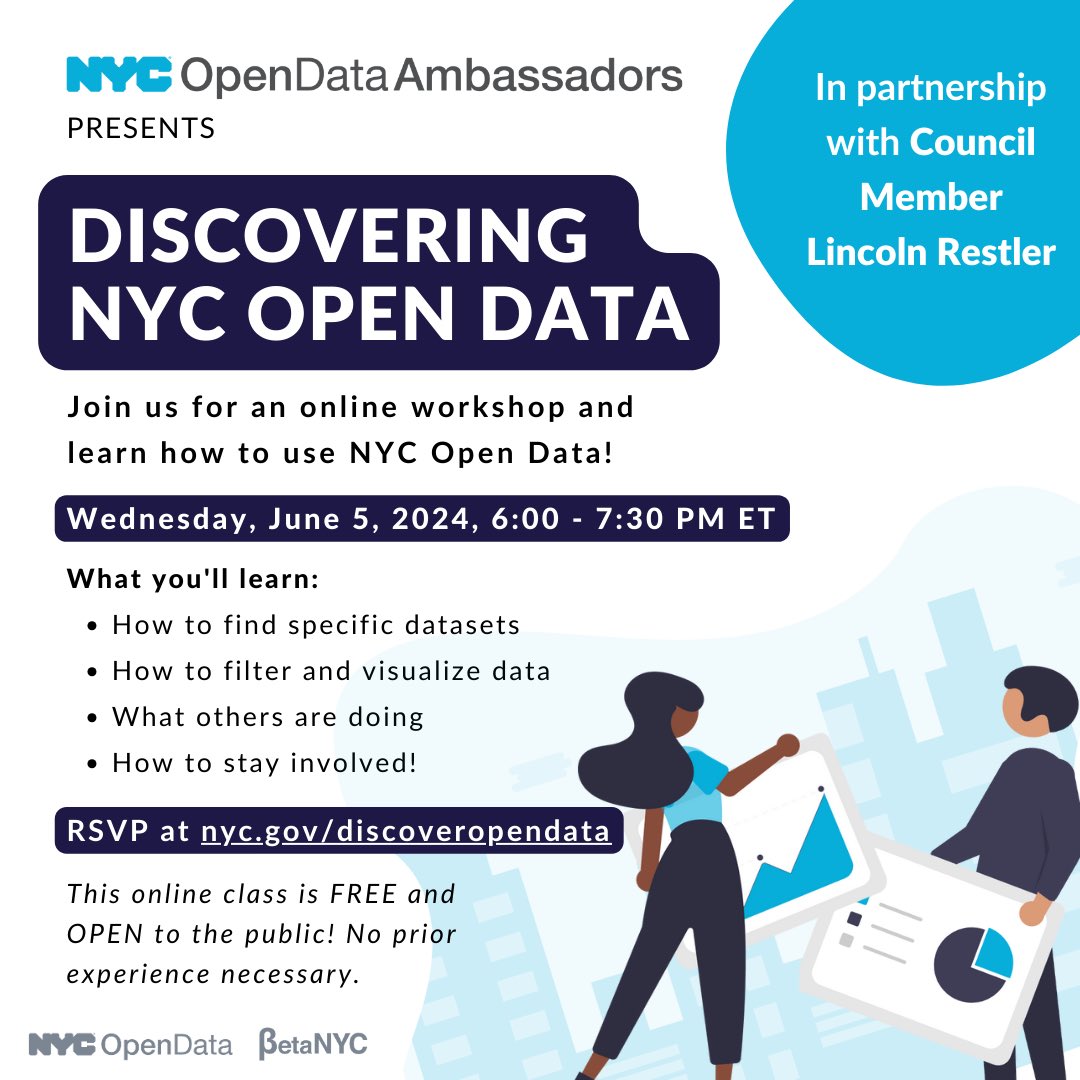 Learn how to use NYC Open Data! Join a free public training on June 5 at 6:00 pm with  @NYCOfficeofTech and @BetaNYC. RSVP here: nyc.gov/discoveropenda…