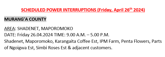 KenyaPower_Care's tweet photo. Hello, this area will be affected by planned power interruption tomorrow: ^BT https://t.co/TBHMMkZZdd