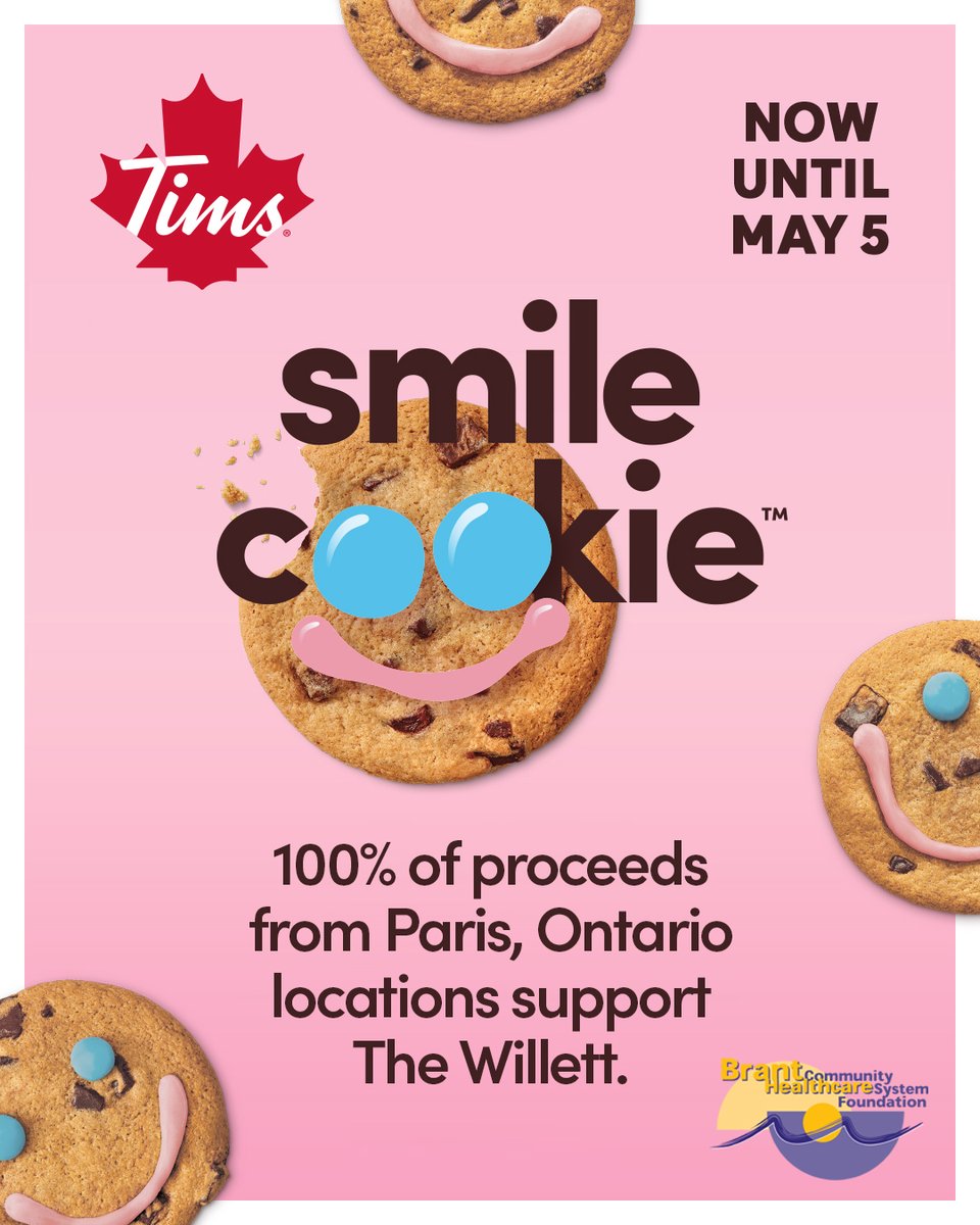 Smile Cookie is back! Get your Smile Cookie at any @timhortonsparis location from now until May 5th. 100% of proceeds benefit the @bchsys at the Willett, Paris. #SmileCookie #BrantCounty