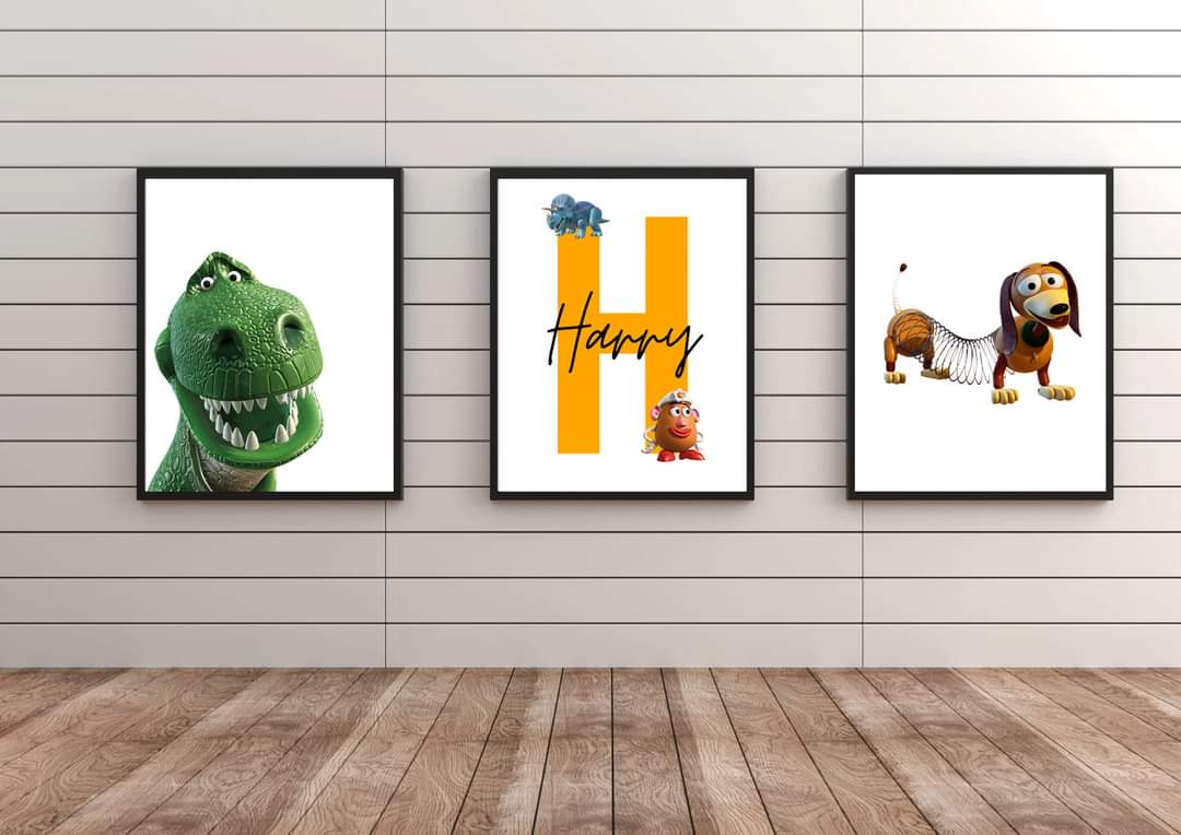 Set Of 3 Personalised Toy Story Bedroom Prints. A4 PRINT : 29.6 x 21.2 CM / 8.2' x 8.5' PRINTS | 250gsm White Card | High Quality Ink. UNFRAMED | PRINT ONLY - Frame is for display purposes only. #madebyloveandsparkles #personalisedprints #babyprints #personalisedgifts