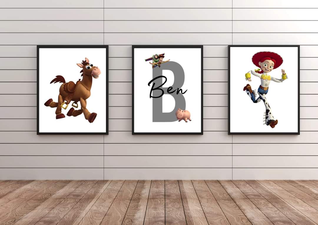 Set Of 3 Personalised Toy Story Bedroom Prints. A4 PRINT : 29.6 x 21.2 CM / 8.2' x 8.5' PRINTS | 250gsm White Card | High Quality Ink. UNFRAMED | PRINT ONLY - Frame is for display purposes only. #madebyloveandsparkles #personalisedprints #babyprints #personalisedgifts