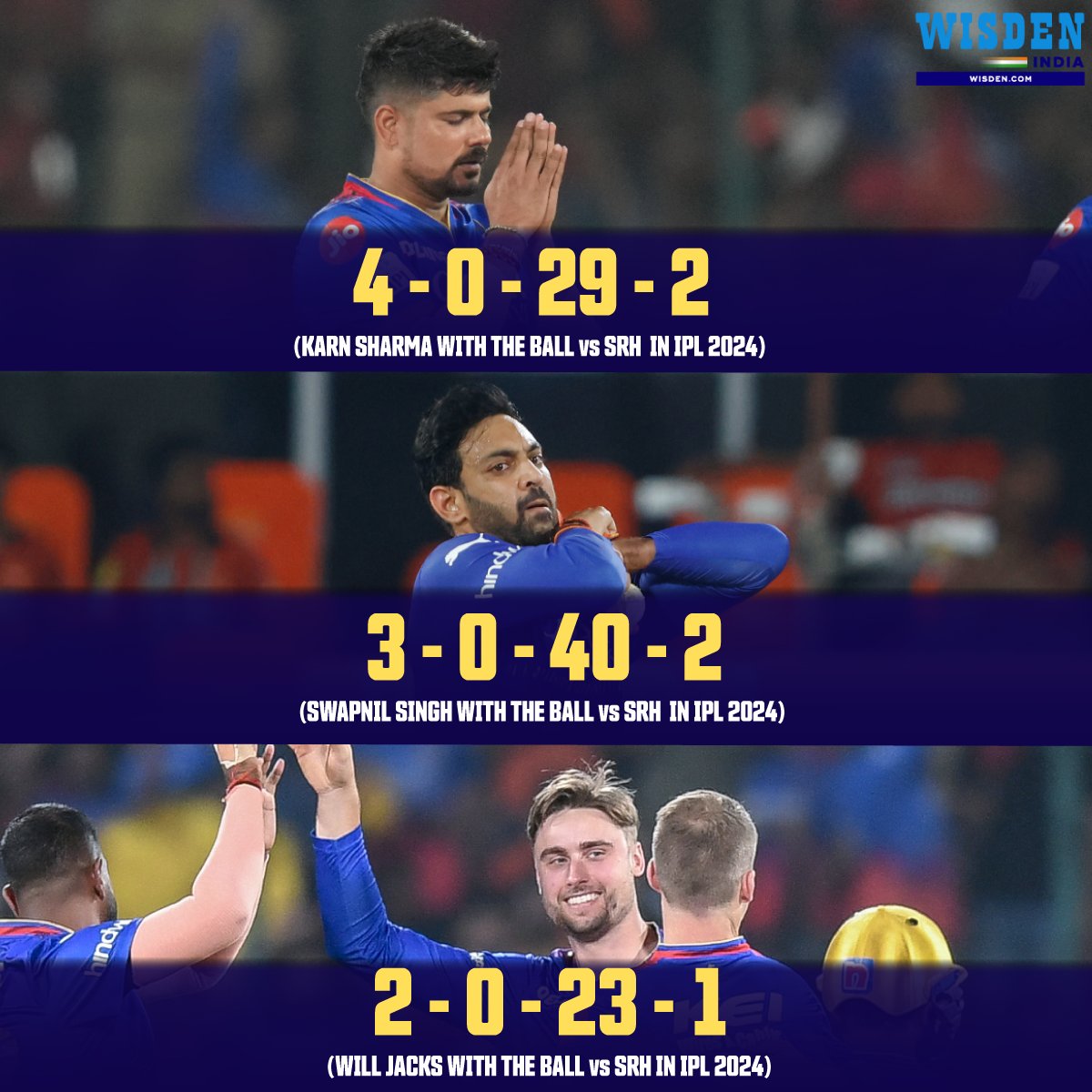 WisdenIndia's tweet image. An excellent night for RCB spinners 🔥

#KarnSharma #SwapnilSingh #WillJacks #IPL2024 #Cricket #SRHvsRCB