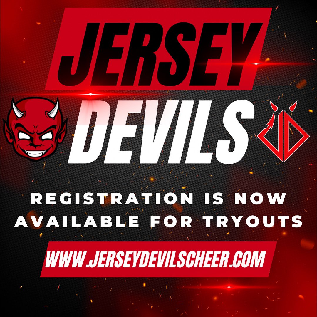 Registration for the 2024-2025 season is now open 🎉 RESERVE your spot. We can’t wait to see you at Jersey Devils TRYOUTS 😈  #unleashthebeast #jerseydevils 

May 17th 7:00 - 9:30pm 
May 18th 3:00pm - 6:00pm 
May 19th  10:00am - 1:00pm 

JerseyDevilsCheer.com