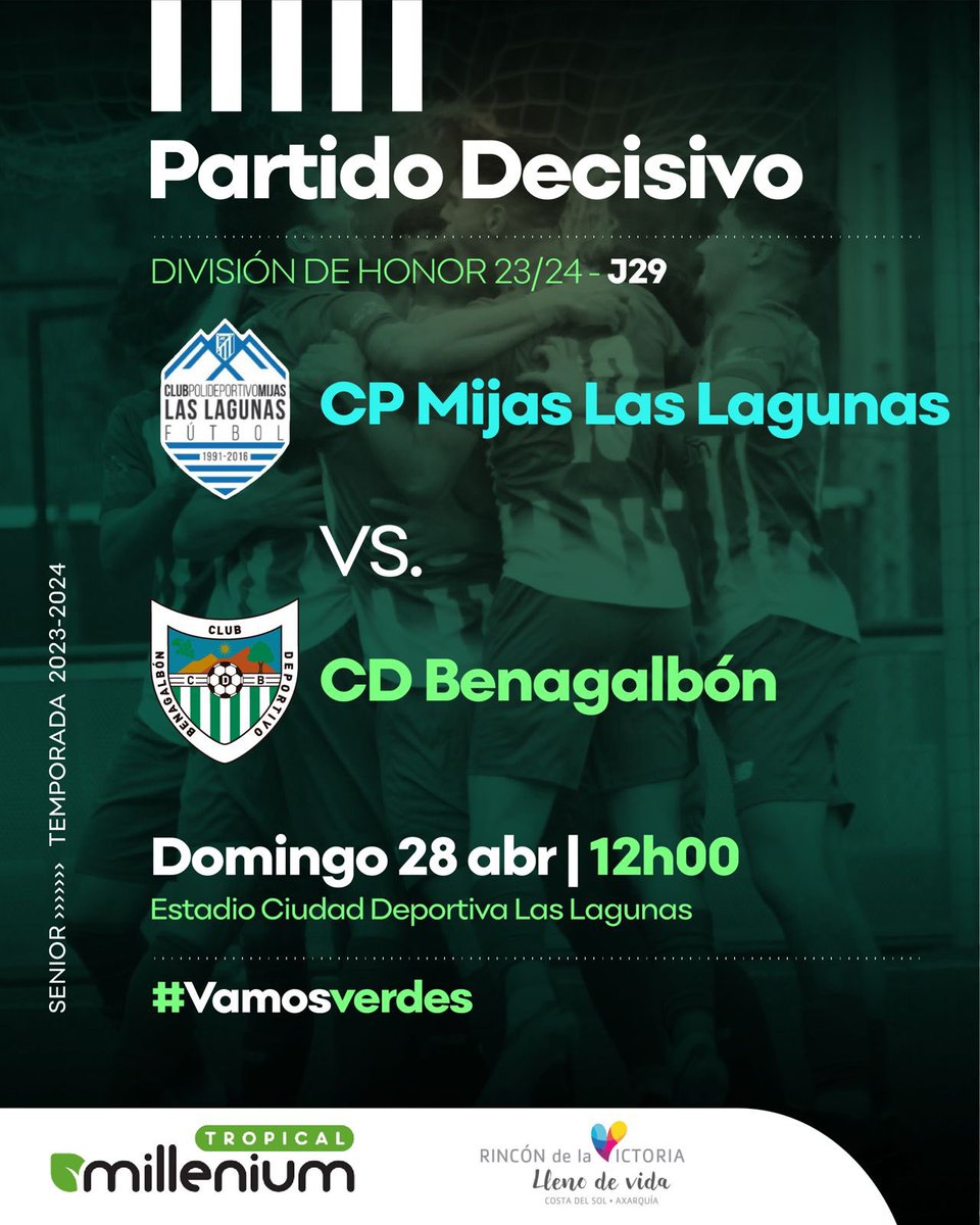 💚🏆JORNADA 2️⃣9️⃣💚🏆

🚌 Esta semana nuestro equipo visita Las Lagunas.

📅 Domingo 28/04 a las 12:00H en el Municipal Juan Gambero para enfrentarnos al #CPMijasLasLagunas .

💪🏻 Los nuestros buscarán la victoria frente al líder.

#SeguirSoñando💚 
#VamosVerdes 💚