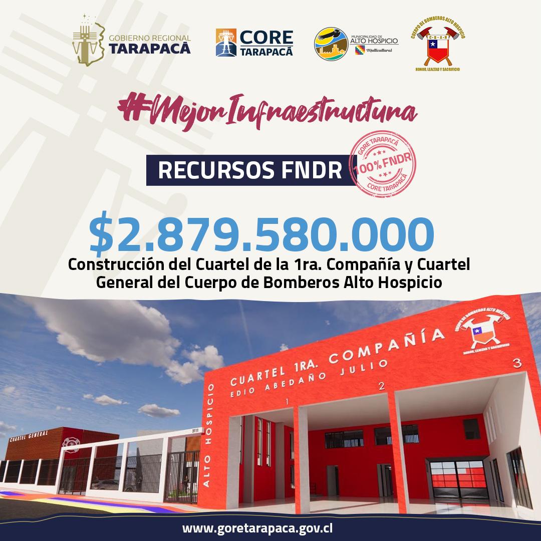 #Infraestructura 👩🏼‍🚒🧑🏼‍🚒 Más de $2.879 millones aprobó @CoredeTarapaca para la construcción del Cuartel de la 1ra. Compañía y el Cuartel General del Cuerpo de #Bomberos de #AltoHospicio. Gobernador @JMCarvajalG destacó la mejor capacidad de respuesta que tendrá la institución.💪🏼