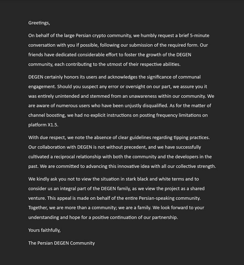 Greetings,

On behalf of the large Persian crypto community, we humbly request a brief 5-minute conversation with you if possible, following our submission of the required form. Our friends have dedicated considerable effort to foster the growth of the DEGEN community, each