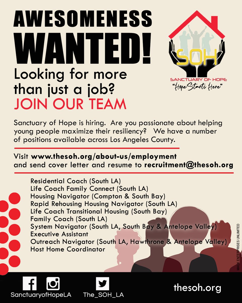 We are looking for a whole lot of awesomeness to join our team. If interested, visit thesoh.org/about-us/emplo…
 and submit a cover letter and resume to recruitment@thesoh.org.

#WeAreHiring #SouthBay #LosAngeles #Hiring #HelpWanted #AntelopeValley