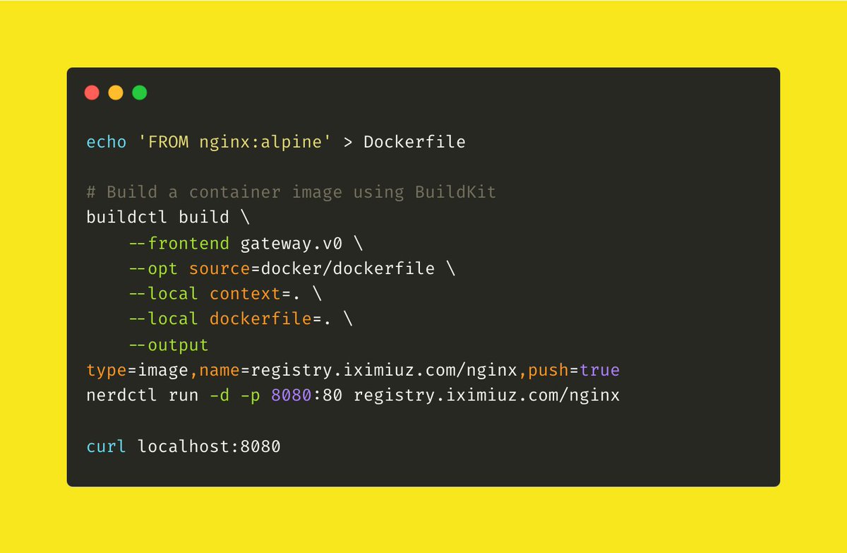 How To Build a Container Image with BuildKit 🔽

It's surprisingly easy to build an image without Docker or any other 'high-level' runtime - thanks to BuildKit (a daemon) and buildctl (its CLI client).

Experiment with BuildKit in an online playground 👉 labs.iximiuz.com/playgrounds/ne…