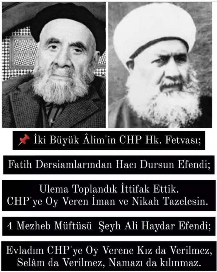 'CHP'ye bırakın oy vermeyi muhabbet beslemek bile imanı götürmeye kafidir Çünkü bu fırka islam ile mücadele için kurulmuştur.' SÜLEYMAN HİLMİ TUNAHAN 👉 CHP'ye oy vermiş olanlar! özellikle de Süleymancılar; Şimdiden Tezi Yok, Bir Müslüman olarak imanını tazelesin! DİNSİZ CHP