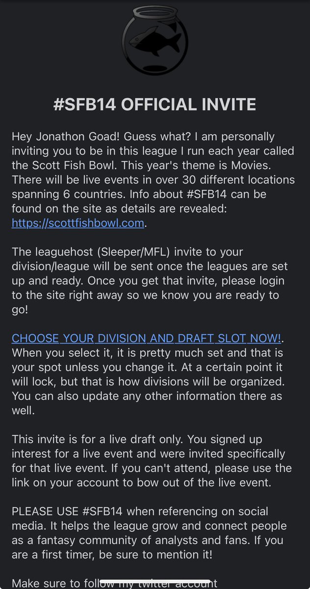 Jonathon Goad (@jonathongoad) on Twitter photo Just landed and this was the first email that popped up! #SFB14 Thanks you <a href="/ScottFish24/">Scott Fish</a>! I was able to grab my Live Draft spot in Charlotte, NC! Looking forward to helping push Fantasy Cares forward! Just landed and this was the first email that popped up! #SFB14 Thanks you <a href="/ScottFish24/">Scott Fish</a>! I was able to grab my Live Draft spot in Charlotte, NC! Looking forward to helping push Fantasy Cares forward!