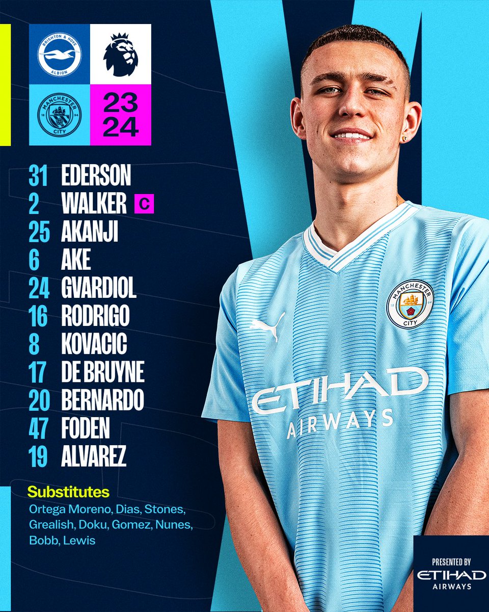 Your City team to face Brighton! 🩵 XI | Ederson, Walker (C), Akanji, Ake, Gvardiol, Rodrigo, Kovacic, De Bruyne, Bernardo, Foden, Alvarez SUBS | Ortega, Dias, Stones, Grealish, Doku, Gomez, Nunes, Bobb, Lewis #ManCity | @etihad