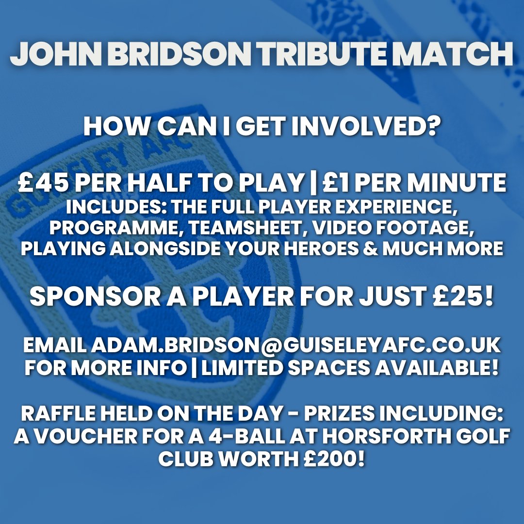 📣 | THIS SUNDAY AT NETHERMOOR!

There's still places available to play alongside all these legends in the John Bridson Tribute Match and limited player sponsorships available, please email adam.bridson@guiseleyafc.co.uk for more information. 

#GAFC #GuiseleyTogether