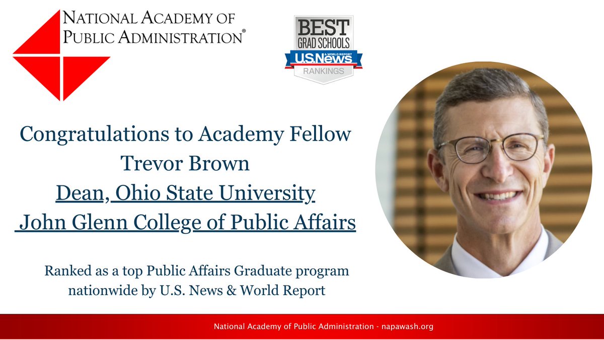 Congratulations to John Glenn College of Public Affairs at The Ohio State University and Academy Fellow Dean Trevor Brown, named one of the top-ranked master's programs in public affairs in the 2024 U.S. News & World Report list of #BestGradSchools! usnews.com/best-graduate-…