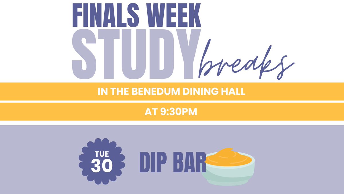 Good luck on your finals!📚 Take a second to treat yourself and come down the Cafe tonight at 9:30pm for a Dip Bar.