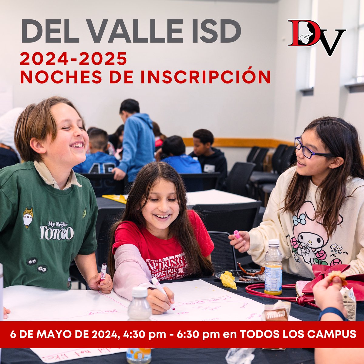 DVISD will be hosting in-person registration nights at ALL campuses on May 6th, 2024, from 4:30pm - 6:30pm. Come register in person or online at the link below. We look forward to seeing you there! For more information and to enroll online please visit: dvisd.net/welcome