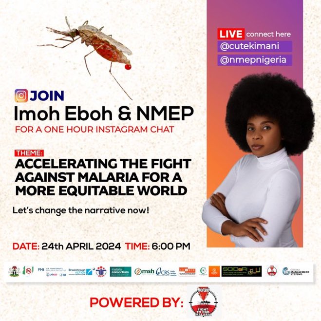 You can still catchup the tweetchat session with @Cutekimani and @NMEPNigeria happening on this app, and 6pm on IG Live.
They will be discussing 'ACCELERATING THE FIGHT AGAINST MALARIA FOR A MORE EQUITABLE WORLD'

 #ZeroMalariaStartsWithMe