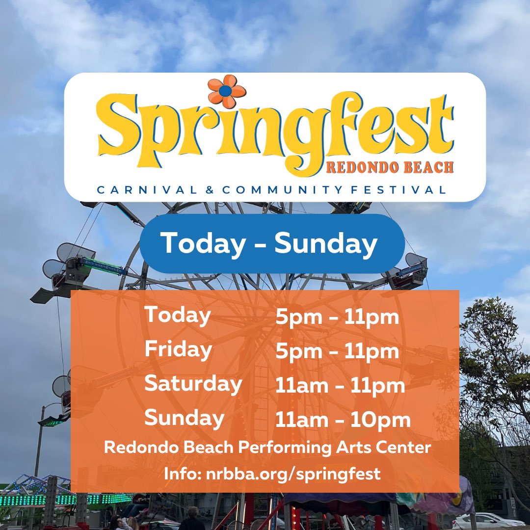 Happy Springfest!! The 41st Annual Springfest Carnival & Community Festival begins today & continues through the weekend! The event is proudly presented by the @NRedondoBeachBA Today we kick the festivities off with Family Night & all rides are only $2!
#springfest #redondobeach