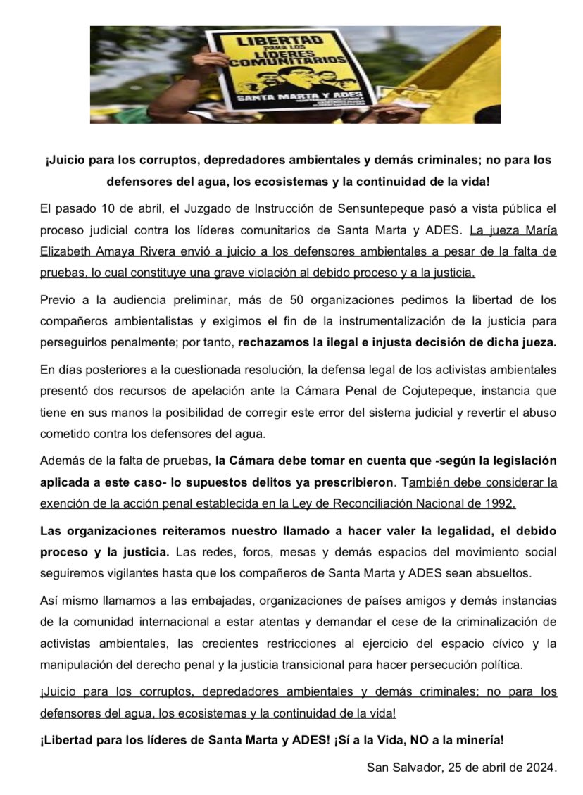 Organizaciones sociales demandan anular juicio contra líderes comunitarios de Santa Marta y ADES. Piden a Cámara Penal de Cojutepeque revertir decisión de Juzgado de Instrucción. facebook.com/share/v/S7kLg3… @FGR_SV , @CSJ, @ONU, @CIDH, @MaryLawlorhrds @PDDH