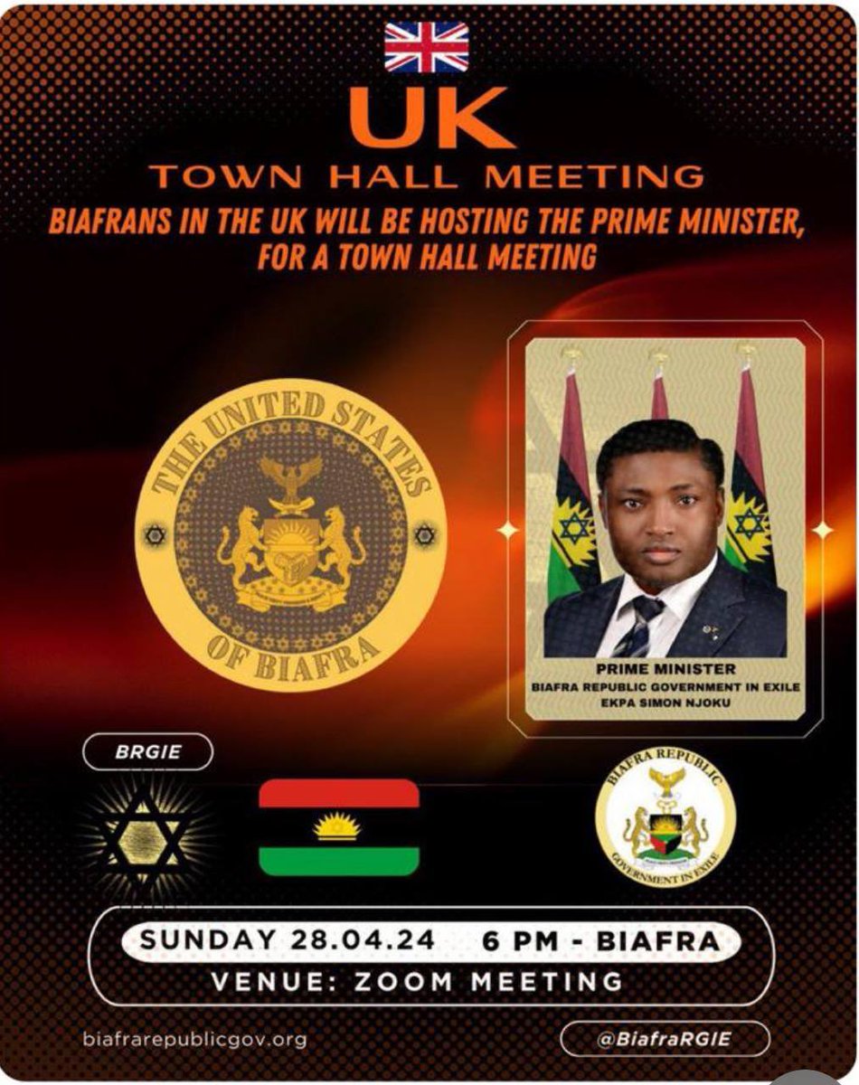 The UK is inviting you to a scheduled Zoom meeting. Topic: UK Welcomes Biafra PM His Excellency Simon Ekpa Date:  Sunday, Apr 28, 2024  Time: 6:00 PM Biafra Time  Join Zoom Meeting us02web.zoom.us/j/81769061930?… Meeting ID: 817 6906 1930 Passcode: 082751 --- One tap mobile…