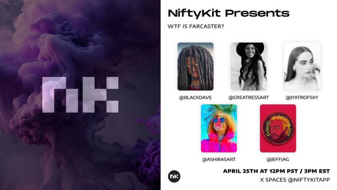 Join us in an hour for an exciting chat with frens @BlackDave @AshirasArt @creatressart @jeffjag about Farcaster with @NiftyKitApp 👇 twitter.com/i/spaces/1lPKq…