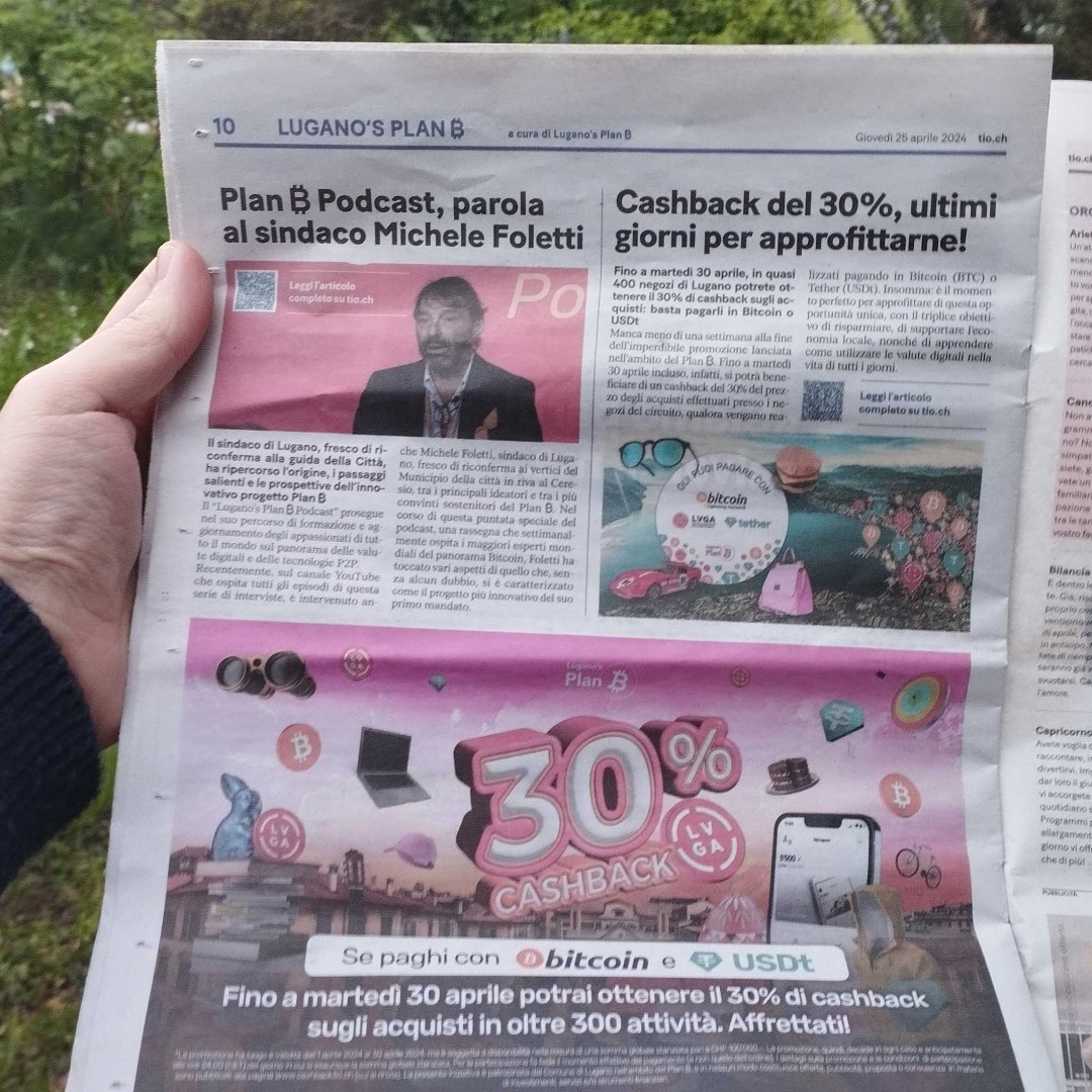 Today in the popular local newspaper “20 Minuti”🍊💊🗞️📰🗞️📰🗞️📰🗞️ Plan ₿ Podcast summary with Lugano's mayor Michele Foletti ( @MicheleLugano ) & more information on the 30% cashback promotion if you pay with #bitcoin or USDt in Lugano!🇨🇭 #LuganoPlanB 🍊💊🗞️📰🗞️📰🗞️📰🗞️