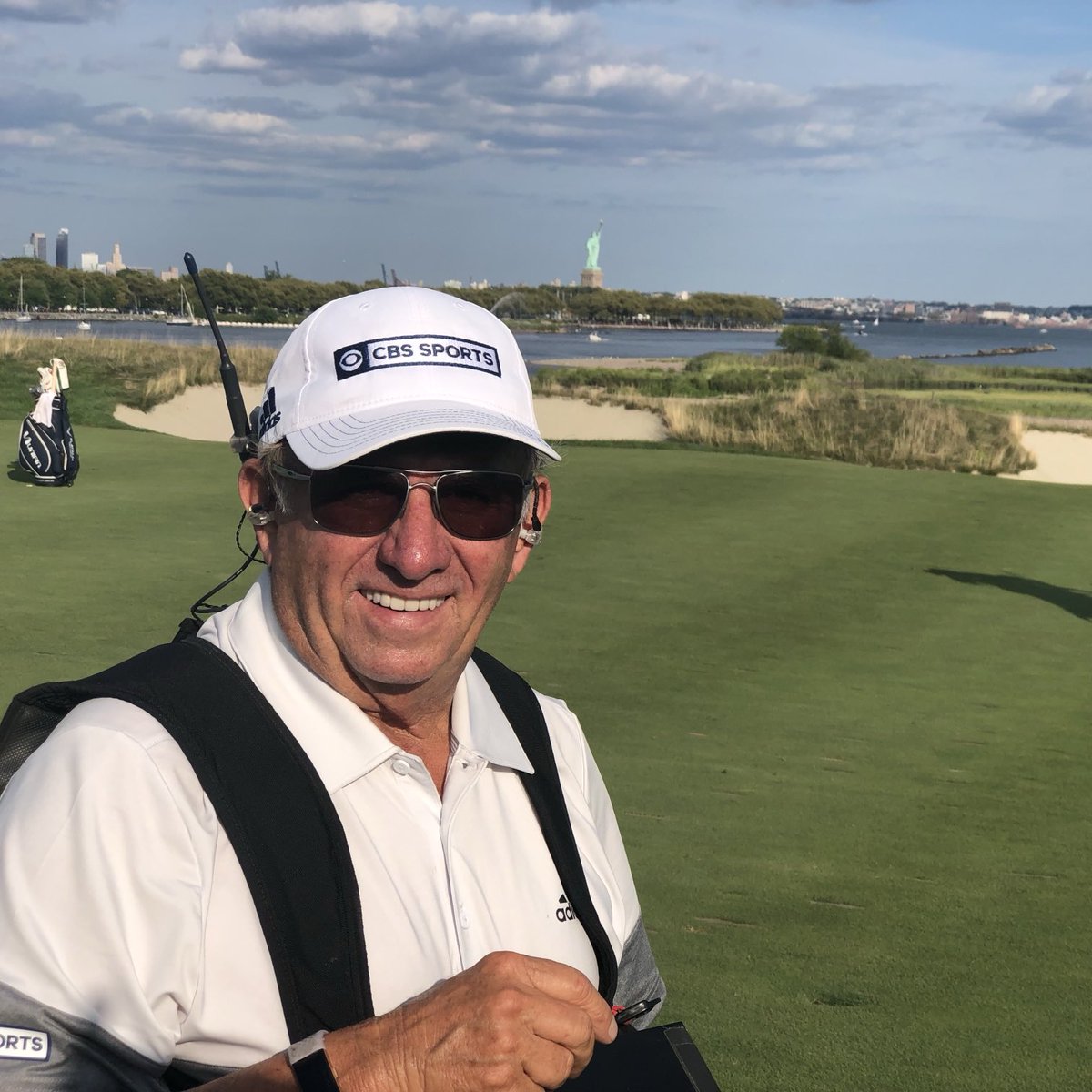 Just found this picture of my last hole covering golf for CBS. How cool is it that it’s the 18th hole at Liberty National with the Statue of Liberty in the background!