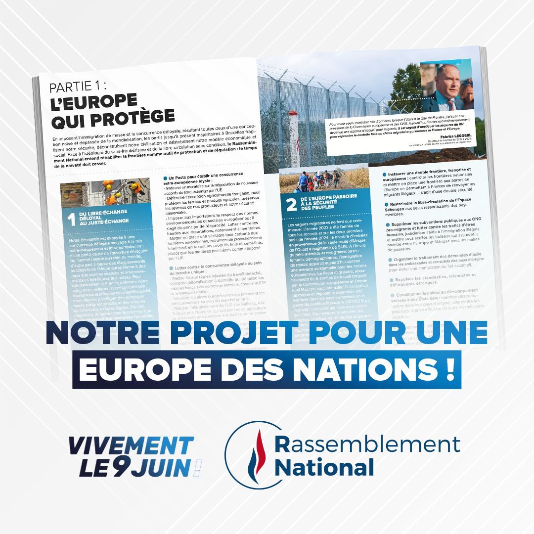 🔵⚪️🔴 Découvrez dès maintenant le projet du @RNational_off pour les #européennes, afin de bâtir une Europe des Nations qui protège, produit et respecte. 

➡️ vivementle9juin.fr/projet
👉 Vous pourrez y télécharger un PDF de 18 pages. 😃💪🇫🇷 #Bardella2024 #VivementLe9Juin