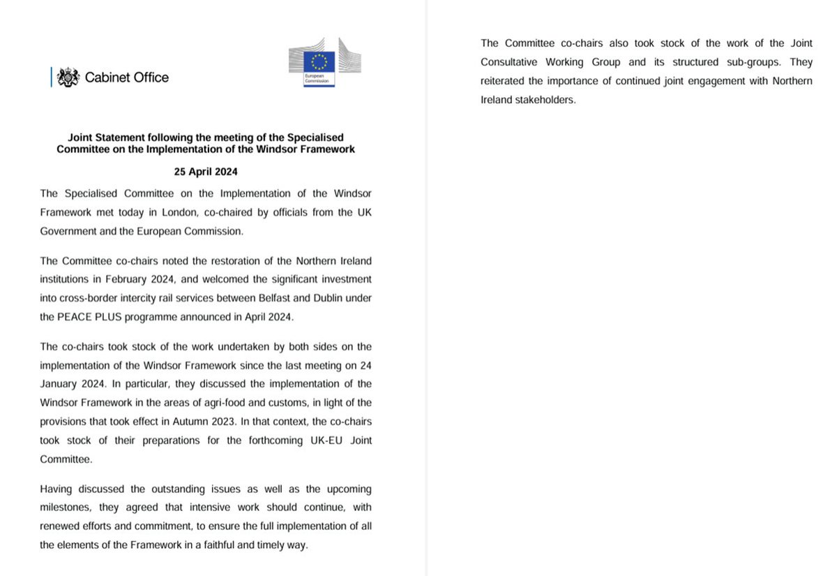 EU-UK Specialised Committee on Implementation of Windsor Framework Joint Statement 'intensive work should continue, with renewed efforts and commitment, to ensure the full implementation of all the elements of the Framework in a faithful and timely way' commission.europa.eu/publications/j…