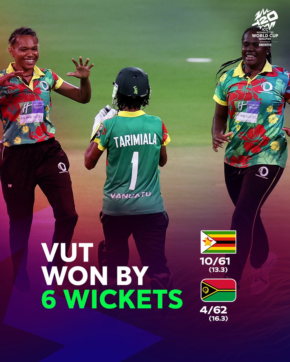 Vanuatu stun Zimbabwe with a complete performance in the ICC Women's #T20WorldCup Qualifier 2024 💥 Watch live and FREE on ICC.tv in selected territories, and on Fancode in India and the subcontinent 📺 Scorecard 📝: bit.ly/4dfCCIM