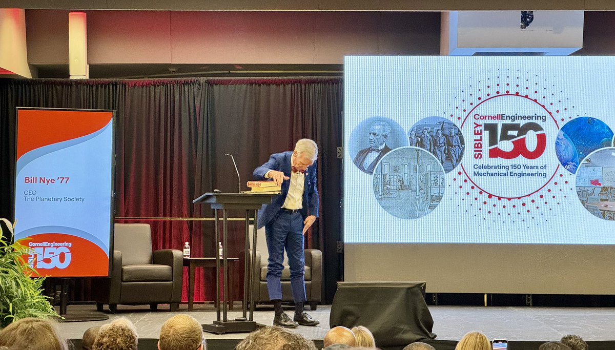 mchvdm's tweet photo. #Sibley150 keynote from The Science Guy @BillNye -not really helping to dispel stereotypes about engineers!
And, reminiscing about #Classof77 @CornellMAE time w/textbooks & photos https://t.co/MCGKe9tpKL
