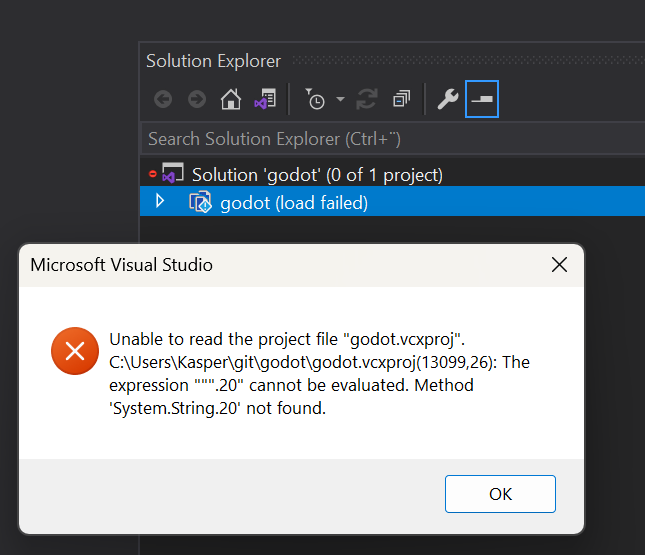 I think Visual Studio recognises my hatred and returns it in kind. Why?!?! you worked a moment ago. Recreating the solution with scons makes no difference... ARGHHHH