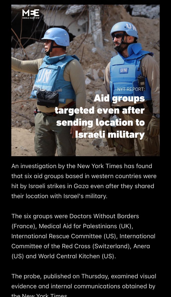 An investigation by the New York Times has found that six aid groups based in western countries were hit by Israeli strikes in Gaza even after they shared their location with Israel's military. The six groups were Doctors Without Borders (France), Medical Aid for Palestinians…