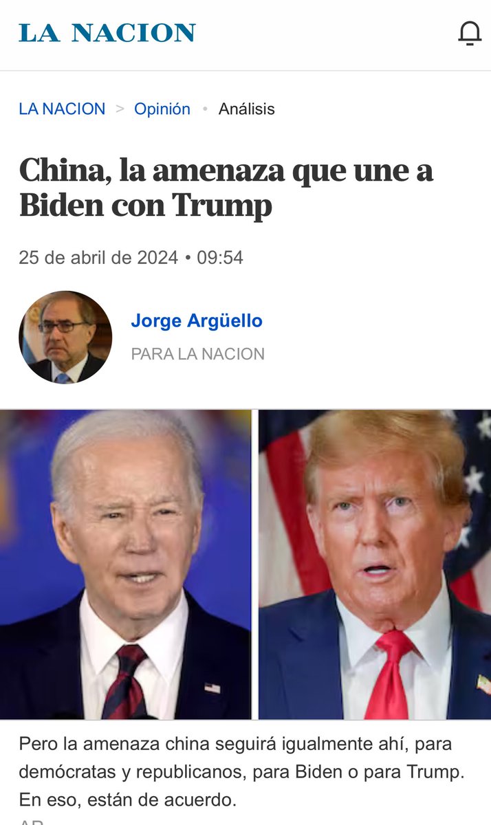 'China, la amenaza que une a Biden con Trump' Invito a leer la columna de opinión que he publicado hoy en la páginas de @LANACION 👇 lanacion.com.ar/opinion/china-…